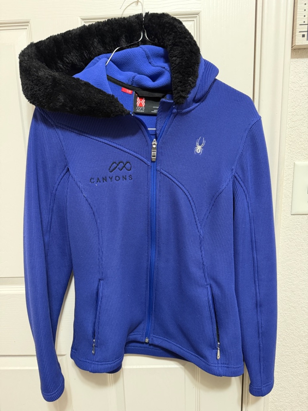Spyder Jacket Hooded Fleece Large Blue Purple Full Zip With Pockets Faux Fur